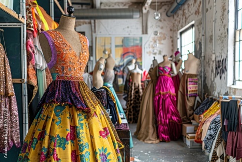 Fashion designer's studio with colorful fabrics and mannequins, bustling with creativity, artistic domain. © Postproduction