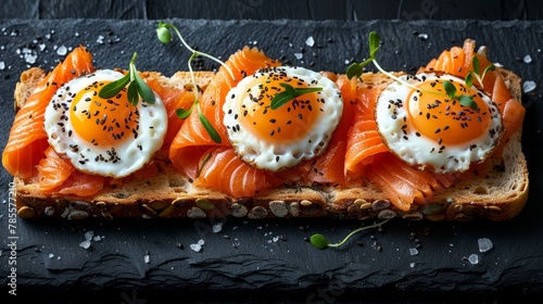   A tight shot of a slice of bread with an egg atop, salmon, and various foods against a black background