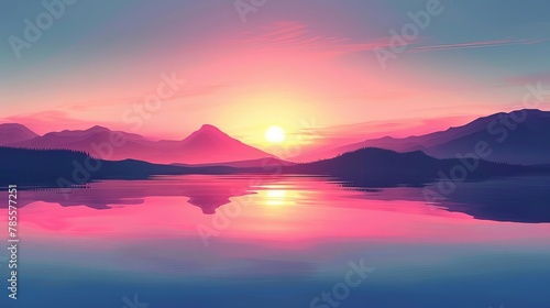 serene lakeside sunrise with vibrant colors and tranquil reflections minimalist vector illustration