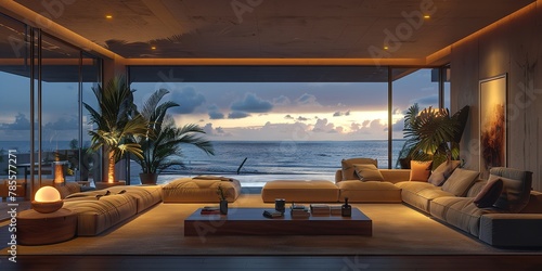 Portrait of a luxurious living room with a sea view with a big space inside of it for text or product advertisement with sofa and good interior, Generative AI. © Sanas World