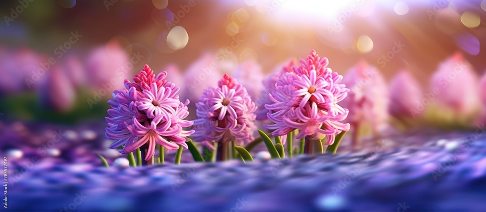 Naklejka premium Purple Muscari flowers background by sunset light in the garden