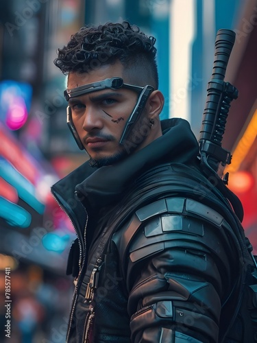 Cyberpunk warrior in urban scenery