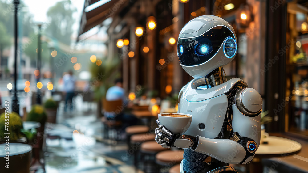 Futuristic robot waiter helps in customer service in modern cozy cafe. The robot is holding cup of coffee. Cozy atmosphere, blurred background with bokeh. Futuristic robot waiter helps in customer service in modern cozy cafe. The robot is holding cup of coffee. Cozy atmosphere, blurred background with bokeh.