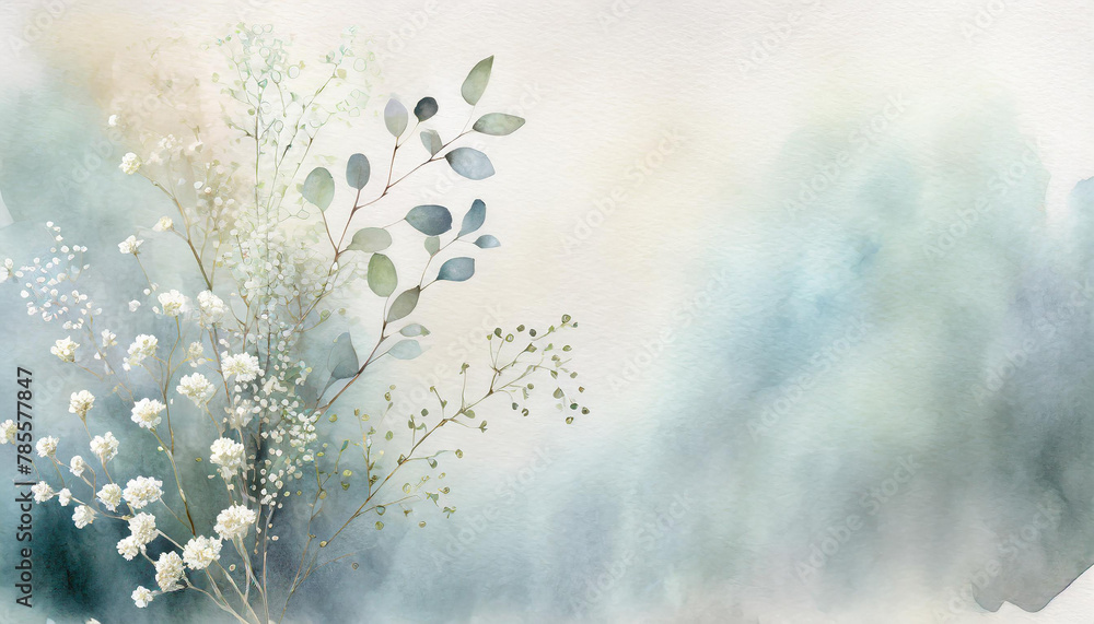 Obraz premium Illustration of a greeting card template watercolor painting of delicate white gypsophila flowers and green leaves blended background. Mockup for invitation card. Generative Ai
