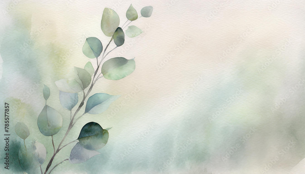 Fototapeta premium Illustration of a greeting card template watercolor painting of delicate green leaves of eucalyptus branches blended background. Mockup for invitation card. Generative Ai