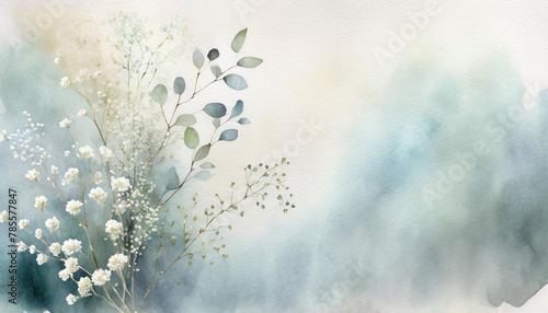 Illustration of a greeting card template watercolor painting of delicate white gypsophila flowers and green leaves blended background. Mockup for invitation card. Generative Ai