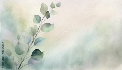 Illustration of a greeting card template watercolor painting of delicate green leaves of eucalyptus branches blended background. Mockup for invitation card. Generative Ai