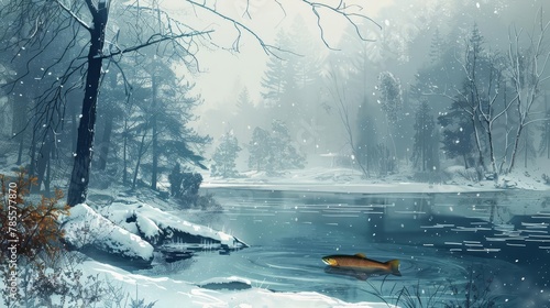 serene winter landscape with brown trout swimming in icy lake digital painting