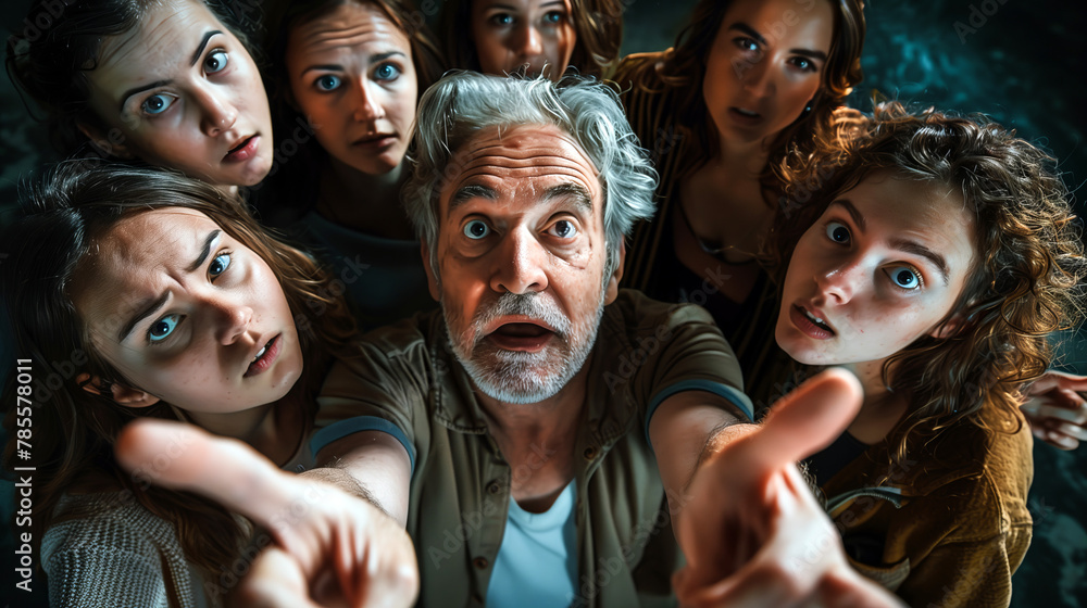 Shocked Elderly Man with Astonished Young Women, Unexpected Surprise Shocked Elderly Man with Astonished Young Women, Unexpected Surprise