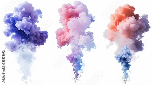 set of colorful smoke bomb explosions isolated on white background abstract powder clouds