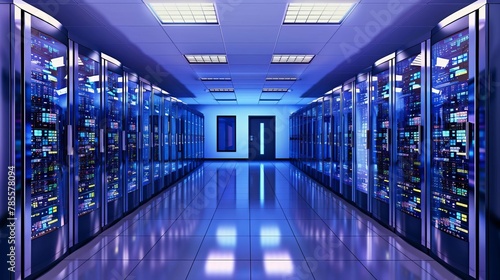 server room interior with rows of network racks supercomputer data center abstract technology background photo