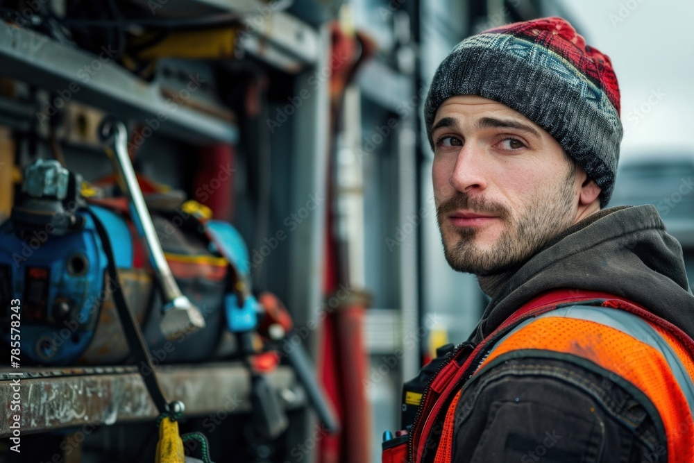 Maintenance worker with tools kit, ready for work against industrial backdrop. Maintenance worker with tools kit, ready for work against industrial backdrop.