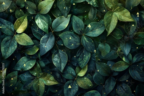 A captivating image of dark green leaves adorned with glowing triangle patterns