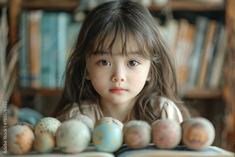 Fototapeta premium A young girl with hauntingly beautiful eyes surrounded by hand-painted Easter eggs