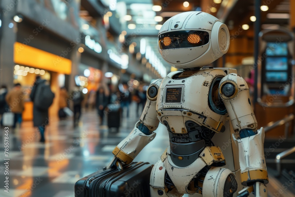 A well-worn humanoid robot with interactive display moves with a black suitcase in a busy airport terminal A well-worn humanoid robot with interactive display moves with a black suitcase in a busy airport terminal