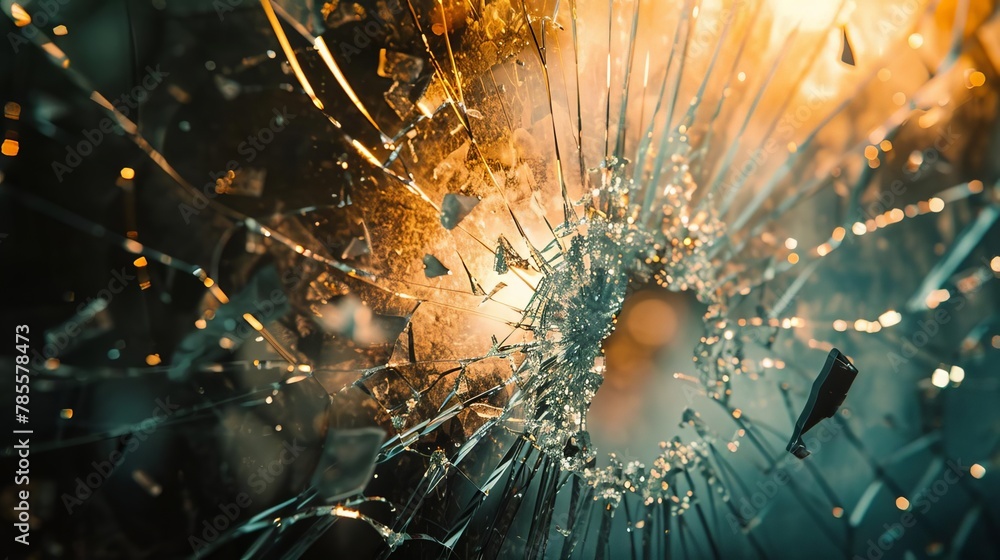 shattered office window with sharp jagged glass shards and dramatic lighting closeup view - obrazy, fototapety, plakaty 