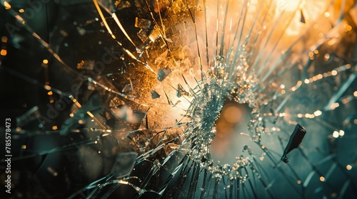 shattered office window with sharp jagged glass shards and dramatic lighting closeup view photo