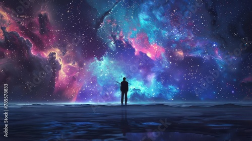 silhouette of person standing alone in vast outer space surreal concept illustration digital art © Bijac