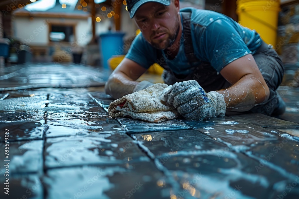 An image capturing the painstaking work of a worker cleaning pavement tiles, reflecting the diligence and labor in urban maintenance An image capturing the painstaking work of a worker cleaning pavement tiles, reflecting the diligence and labor in urban maintenance