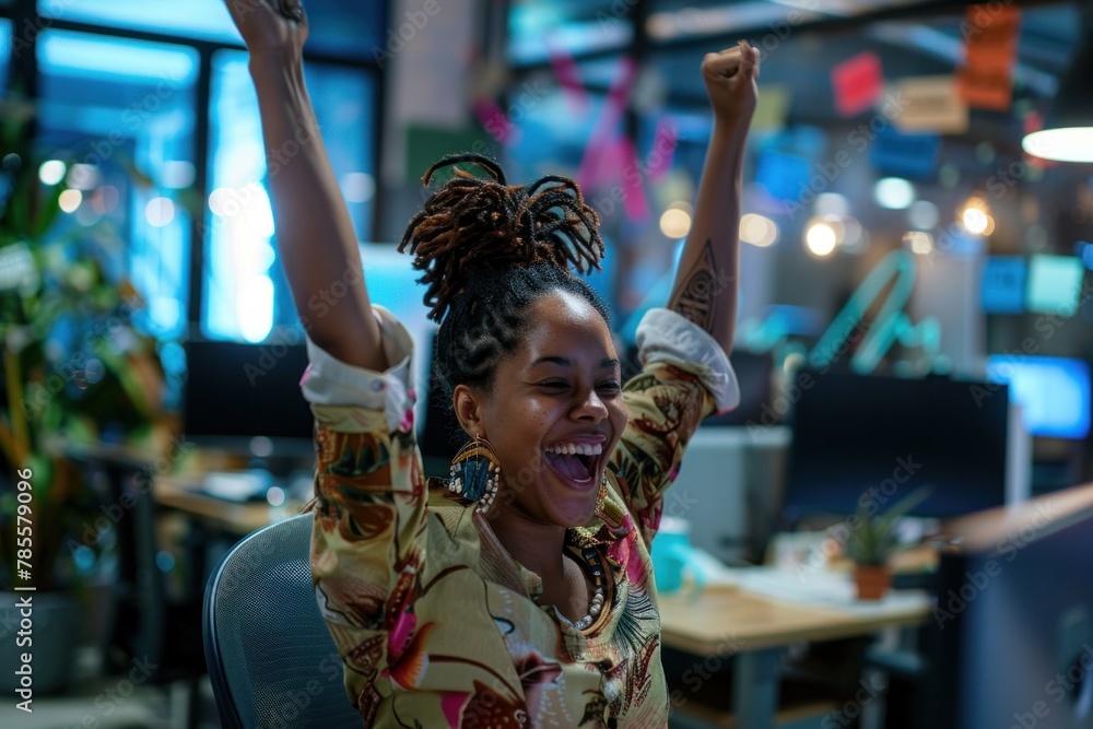 Triumphant young startup founder raising arms in victory, signaling success amidst glowing screens and modern decor. Triumphant young startup founder raising arms in victory, signaling success amidst glowing screens and modern decor.