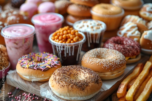 An enticing assortment of donuts, cakes, sweet drinks, and snacks artfully presented, perfect for dessert or a party spread