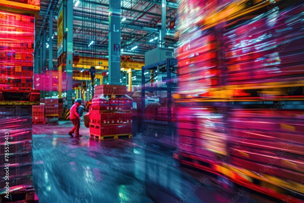 Busy logistics distribution center with workers navigating stacks of crates and pallets. Dynamic angles and vibrant colors illustrate the efficiency of modern supply chains.