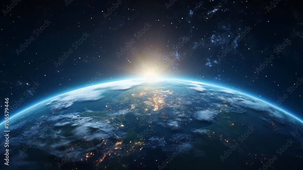 Earth from space showing the atmosphere and city lights. 3D rendering