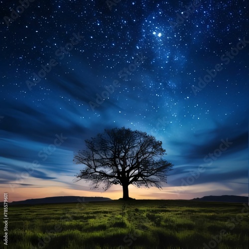 Lonely tree in the field at night with starry sky