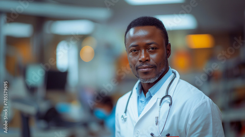 African-American male doctor stands in the waiting room for patients in a medical clinic.