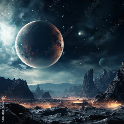 Fantasy alien planet. Mountain and nebula. 3D illustration