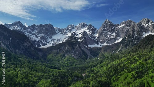 Aerial view of and breathtaking peaks of Triglav mountain. Julian Alps, Triglav National Park, Slovenia, 4k photo