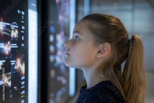 App preview over shoulder of a young girl in front of a interactive digital board with a fully black screen