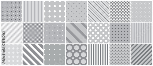Collection of vector gray seamless patterns. Simple geometric textures - repeatable dotted and striped backgrounds. Monochrome minimalistic textile prints