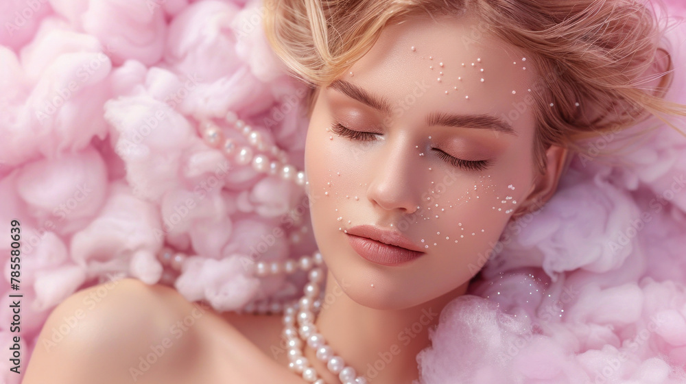 Young woman enjoying luxurious spa moment with pastel foam and pearls.