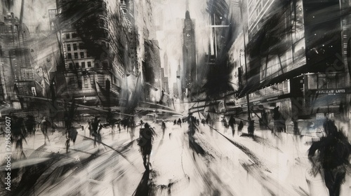 Urban Sketch. Charcoal sketch capturing the bustling metropolis with jagged lines depicting towering skyscrapers  winding streets  and blurred figures.