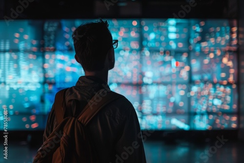 App display looking over a shoulder of a man in front of a interactive digital board with an entirely black screen © Markus Schröder