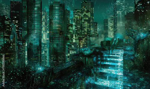 In a futuristic cityscape, bioluminescent organisms seamlessly integrated into high-rise buildings emit a soft, ethereal glow Capture the symbiosis between nature and urban architecture Realistic