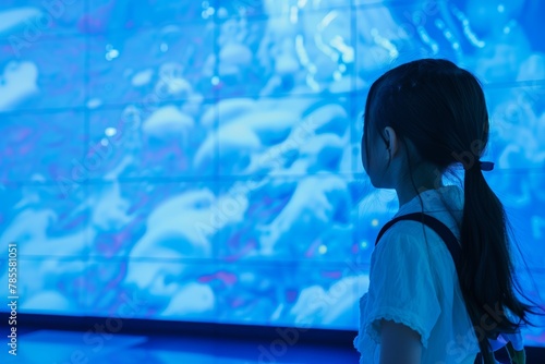 App preview over shoulder of a young girl in front of a interactive digital board with a completely blue screen