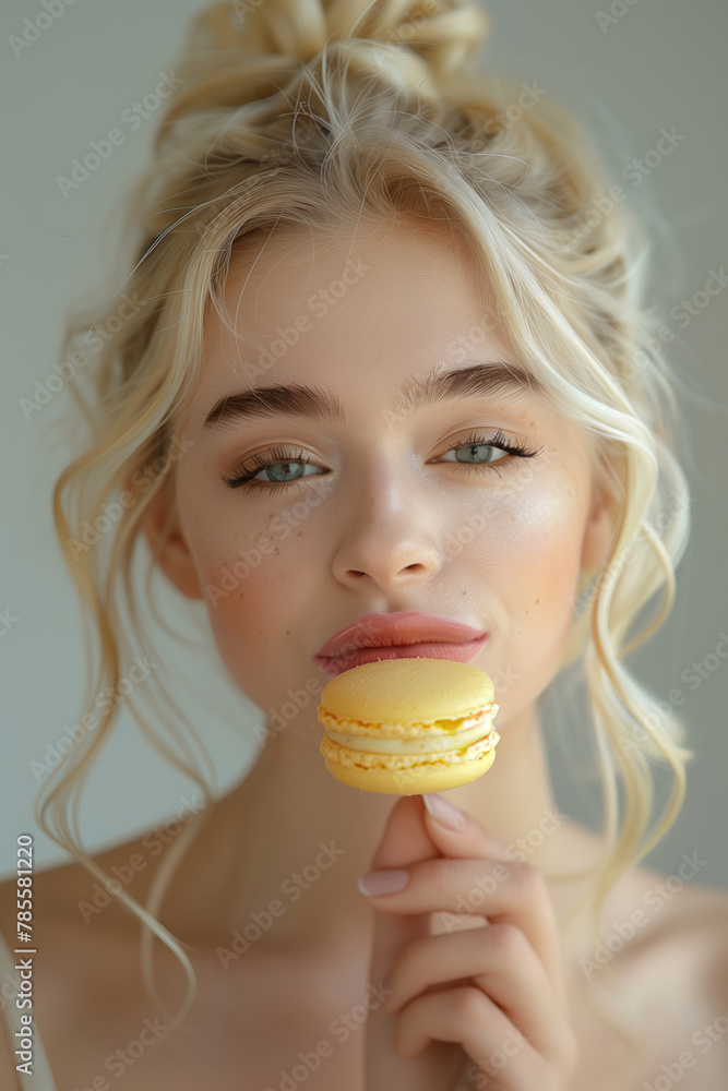 Beautiful smiling young blonde woman holding a macaron Beautiful smiling young blonde woman holding a macaron