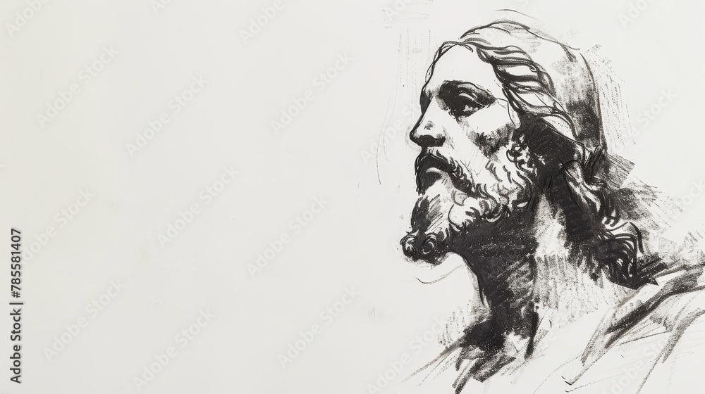 Fototapeta premium Pencil sketch of Jesus Christ on white background with copy space