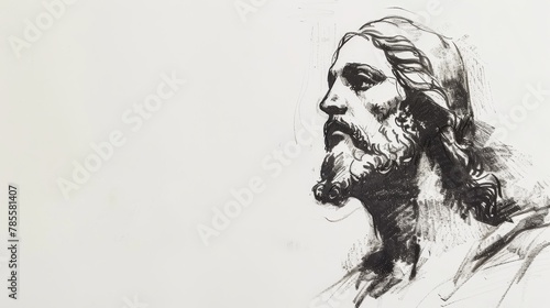 Pencil sketch of Jesus Christ on white background with copy space