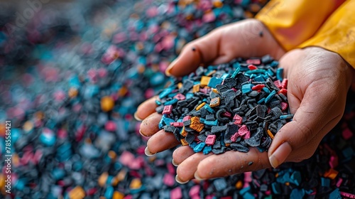 Hand of a woman holding semi-dull plastic pet polyester chips that can be transformed at an enterprise used for weaving cloth and space, Generative AI.