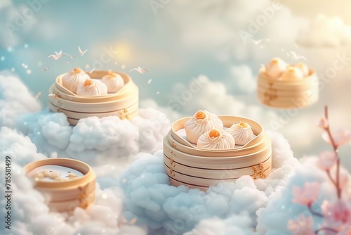 Illustration of dim sum baskets floating on fluffy clouds, whimsical and light, bright sky backdrop