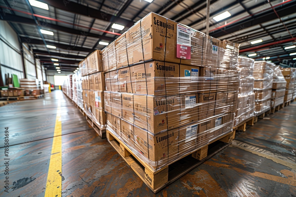 Pallets of finished goods are staged near the shipping area, wrapped ...