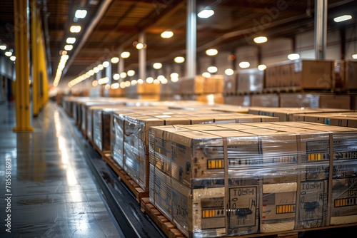 Pallets of finished goods are staged near the shipping area, wrapped and labeled for transport, ready to be loaded onto trucks and sent to customers, illustrating the final stage of the supply chain p