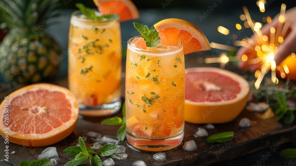 grapefruit slice suspended, mint sprig peeks in grapefruit slice suspended, mint sprig peeks in