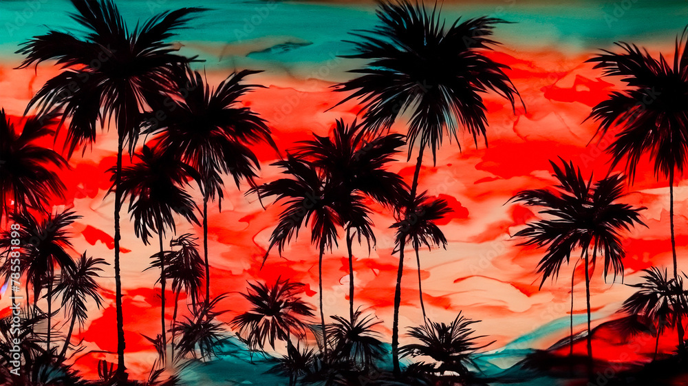 Travel beach sunset illustration. Tropical Watercolor Silhouette Palm Trees. Landscape with Stormy Sky. Exotic Vacation Holiday Art. Brush strokes, paint wash, hand painted, red, black, turquoise, 