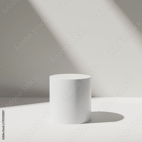 Simple, empty cylindrical podium, top light, soft shadows on white background, ideal for product presentation, minimalistic and modern