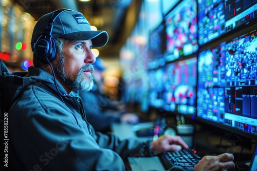 Managers in a control room overseeing the supply chain operations of the warehouse, utilizing AI analytics to optimize inventory levels, streamline logistics, and minimize costs photo