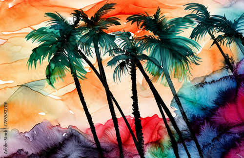 Trees at sunset. Tropical Watercolor Palm Trees. Beach Landscape with Stormy Sky. Exotic Vacation Holiday Art. Trees at sunrise. Silhouette of palms at sunrise Summer weather. Expressive Brush Strokes
